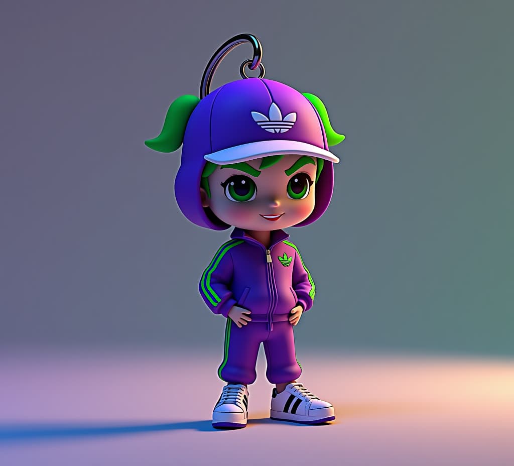  a 3d illustration of a keychain featuring a stylized chibi the joker wearing purple tracking suit adidas and green stripes, wearing a gulf hat on head, trendy shoes. the keychain is in a neon green and purple lighting in studio photography. the illustration has dynamic lighting and vivid colors.