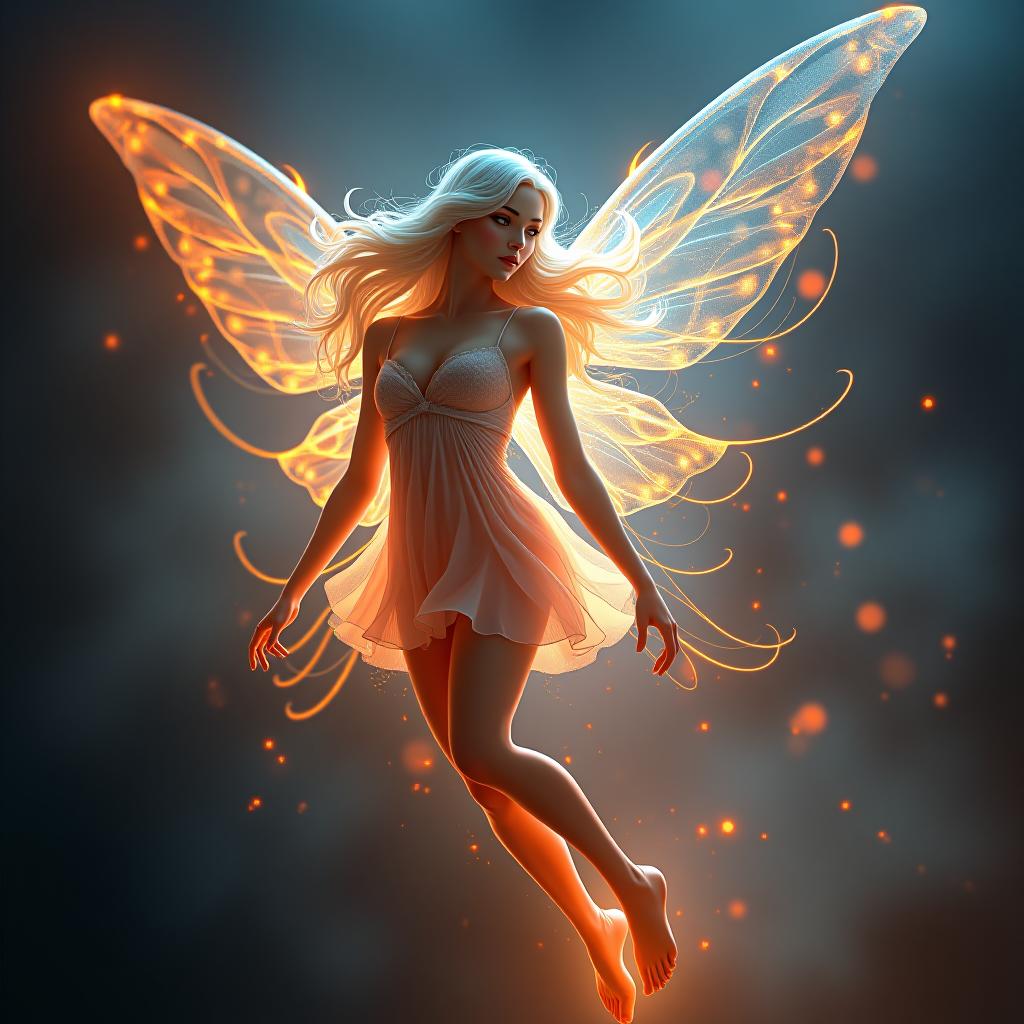  abstract style the light vector contour of the fairy with wings, the fairy is full of growth, in a short dress with very long light hair . non representational, colors and shapes, expression of feelings, imaginative, highly detailed hyperrealistic, full body, detailed clothing, highly detailed, cinematic lighting, stunningly beautiful, intricate, sharp focus, f/1. 8, 85mm, (centered image composition), (professionally color graded), ((bright soft diffused light)), volumetric fog, trending on instagram, trending on tumblr, HDR 4K, 8K