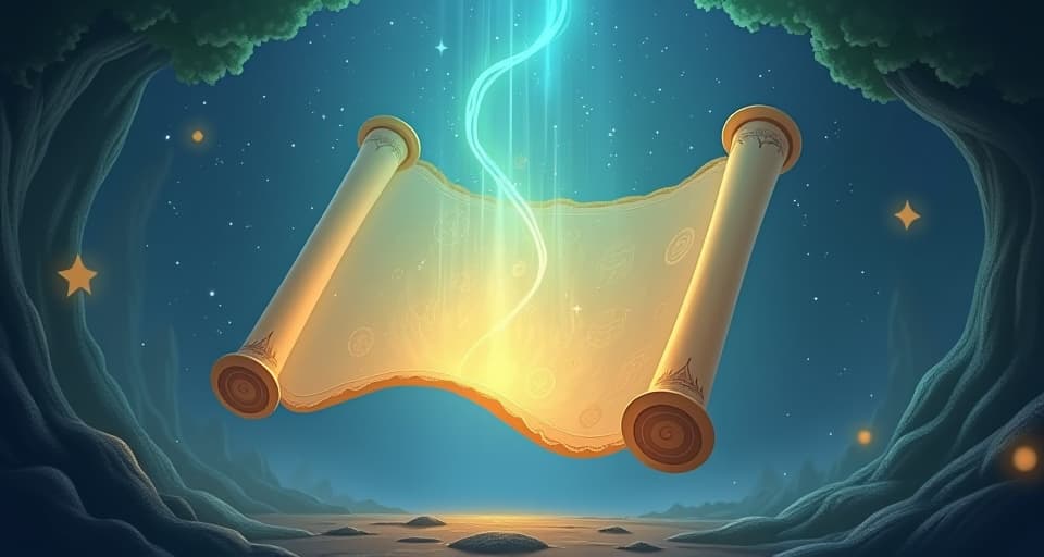  a glowing, translucent scroll unfurling amidst an ethereal landscape, surrounded by floating symbols, emanating a powerful and mystical warning. the style is digital art illustration,highly detailed, whimsical,magical, dreamlike atmosphere, realism and fantasy blend, smooth, glossy textures,luminous quality, wonder and enchantment.