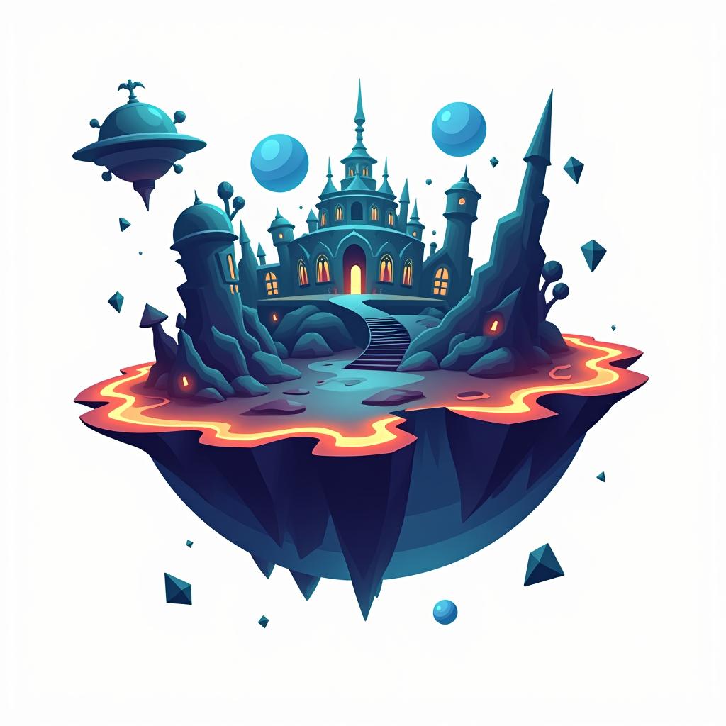  white background. left side: a simple vector graphic showing a hyper realistic alien planet's front view, featuring mysterious structures, bioluminescent patches, and sections of the planet split into floating fragments with glowing edges. unique architectural forms, and floating planetary fragments. elements adding a dynamic, otherworldly feel. cartoon and disney style.