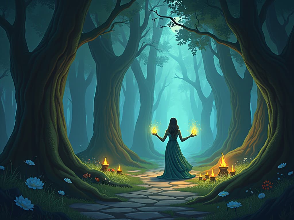  enchanted forest clearing, mystical artifacts, glowing runes, shimmering light, ethereal sorceress casting powerful spells. the style is digital art illustration,highly detailed, whimsical,magical, dreamlike atmosphere, realism and fantasy blend, smooth, glossy textures,luminous quality, wonder and enchantment.