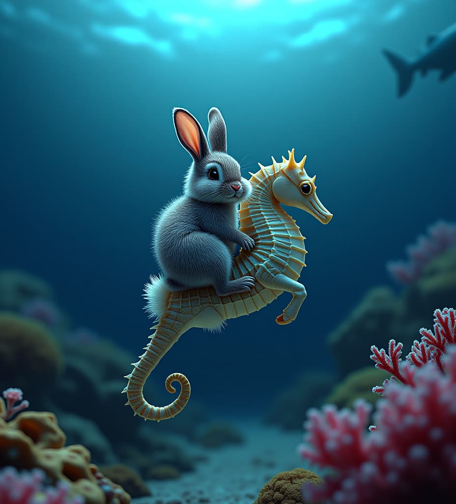  a bunny riding a seahorse under the water. coral reef. a shark lurking in the background barely visible. night time. photoreal. intricate details.