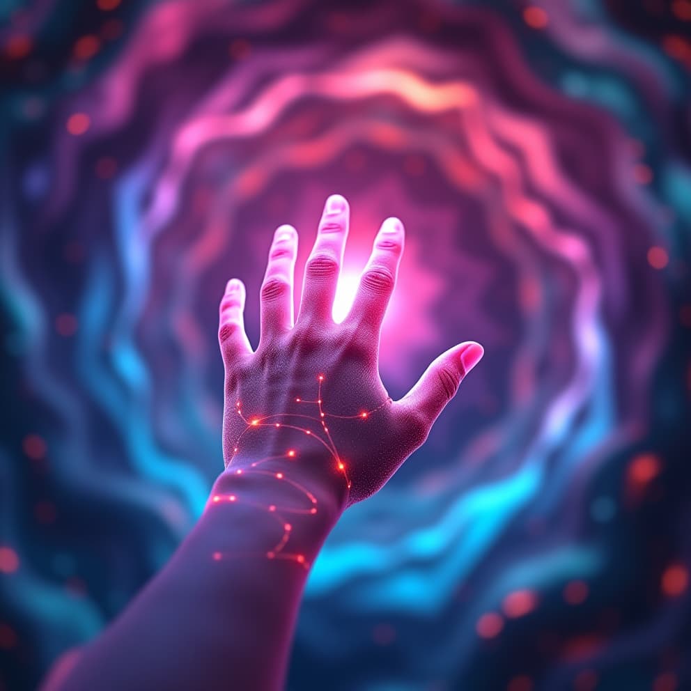  a mesmerizing, ethereal hand reaching out from a swirling vortex of vibrant, neon colors. the hand is adorned with delicate, glowing lines, and its fingertips seem to touch the very fabric of reality. the background is a kaleidoscope of shifting shapes and textures, creating a sense of motion and energy. the overall effect is one of wonder and awe, capturing the essence of the flux style.hyper detail, intricate details, sharp focus, high resolution, 8k, ultra detailed, vib