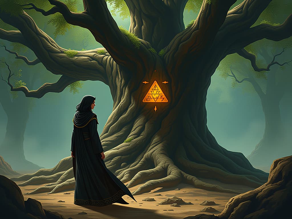  an ancient tree with glowing symbols carved into its bark, large busted woman in mystical robes, interpreting the whispers of the world, sense of discovery. the style is digital art illustration / modern comic book / mysterious occult, symbolic, esoteric vibe,high detail on character design, incorporating ancient egyptian symbology and attire.