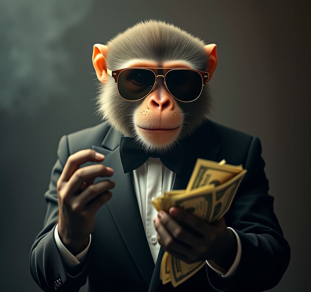  mafioso monkey in a tuxedo and cool sunglasses, holding a bunch of money in his hands. hyperrealistic, full body, detailed clothing, highly detailed, cinematic lighting, stunningly beautiful, intricate, sharp focus, f/1. 8, 85mm, (centered image composition), (professionally color graded), ((bright soft diffused light)), volumetric fog, trending on instagram, trending on tumblr, HDR 4K, 8K