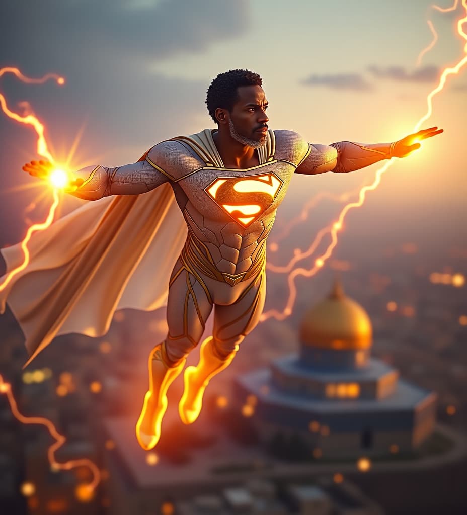  african superman king priest, flying over the dome of the rock in jerusalem, his cape is radiant iridescent gold electric blue magenta iridescent translucent, gold mli foil transparent iridescent lightsail cape. his suit is pearlescent white and golden glowing iridescent, gold, golden shining energy armor, iridescent glowing illuminated gold "s" on chest, kamehameha plasma power sphere iridescent flashing solar fireballs glowing from his lightning fists. glowing iridescent lightning eyes, short curly temple fade black hair on head, white platinum goatee beard.