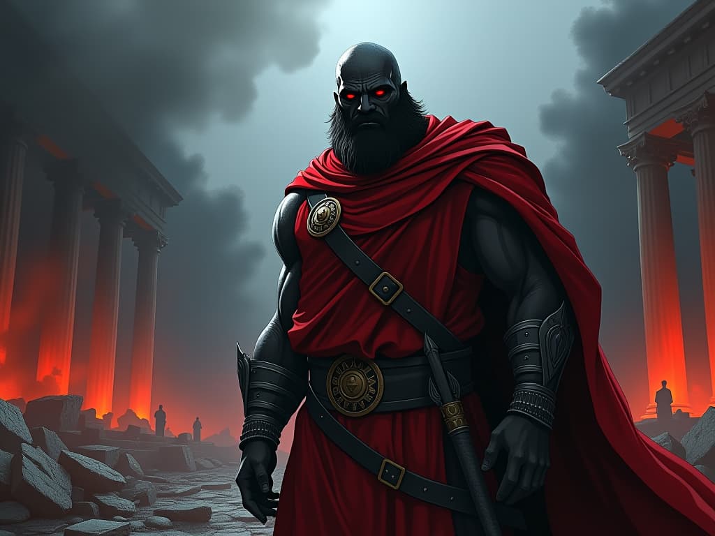  brutus like figure in red regalia, devastated roman forum, smoke rising, chaos around, expression of regret, scene of revealed motives. the style is digital art illustration / modern comic book / graphic dark novel fantasy and mysterious occult, symbolic, moody lighting, esoteric vibe,high detail on character design. for the color scheme emphasize blacks and reds.