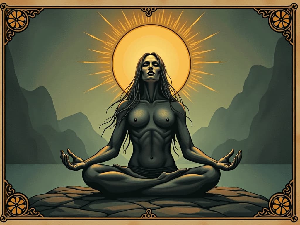  figure in a meditative pose, serene environment, internal power radiating, peace in expression, sense of purpose and inner strength. an illustration in the style of a worn, mystical old tarot trump card, mysterious and elements of surrealism. the colors are muted, somber and eerie, but with contrast bring out an occult and esoteric vibe.