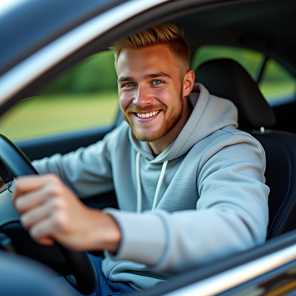  a blond man with blue eyes is sitting behind the wheel of a car, wearing a light gray hoodie and jeans, and smiling.