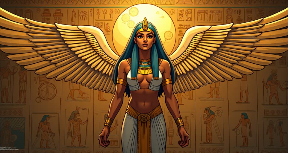  a grand hieroglyphic mural, depicting a large busted goddess in form fitting attire, harmonizing with celestial symbols, representing another plane of existence. the style is digital art illustration / modern comic book / mysterious occult, symbolic, esoteric vibe,high detail on character design, incorporating ancient egyptian symbology and attire.