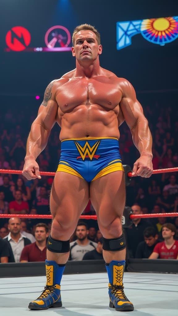  a strong, muscular man with a determined expression stands confidently in a wrestling ring, wearing a bright blue and yellow wrestling outfit. the scene captures the energy of a live audience, with colorful lights and banners in the background, celebrating his iconic presence.