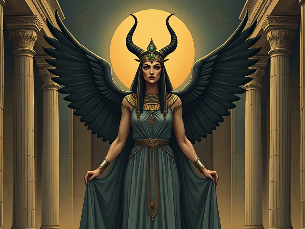  ancient egyptian goddess isis, regal and majestic, elaborate headpiece with solar disc and horns, standing in an ancient temple, mystical, reverent presence. an illustration in the style of a worn, mystical old tarot trump card, mysterious and elements of surrealism. the colors are muted, somber and eerie, but with contrast bring out an occult and esoteric vibe.