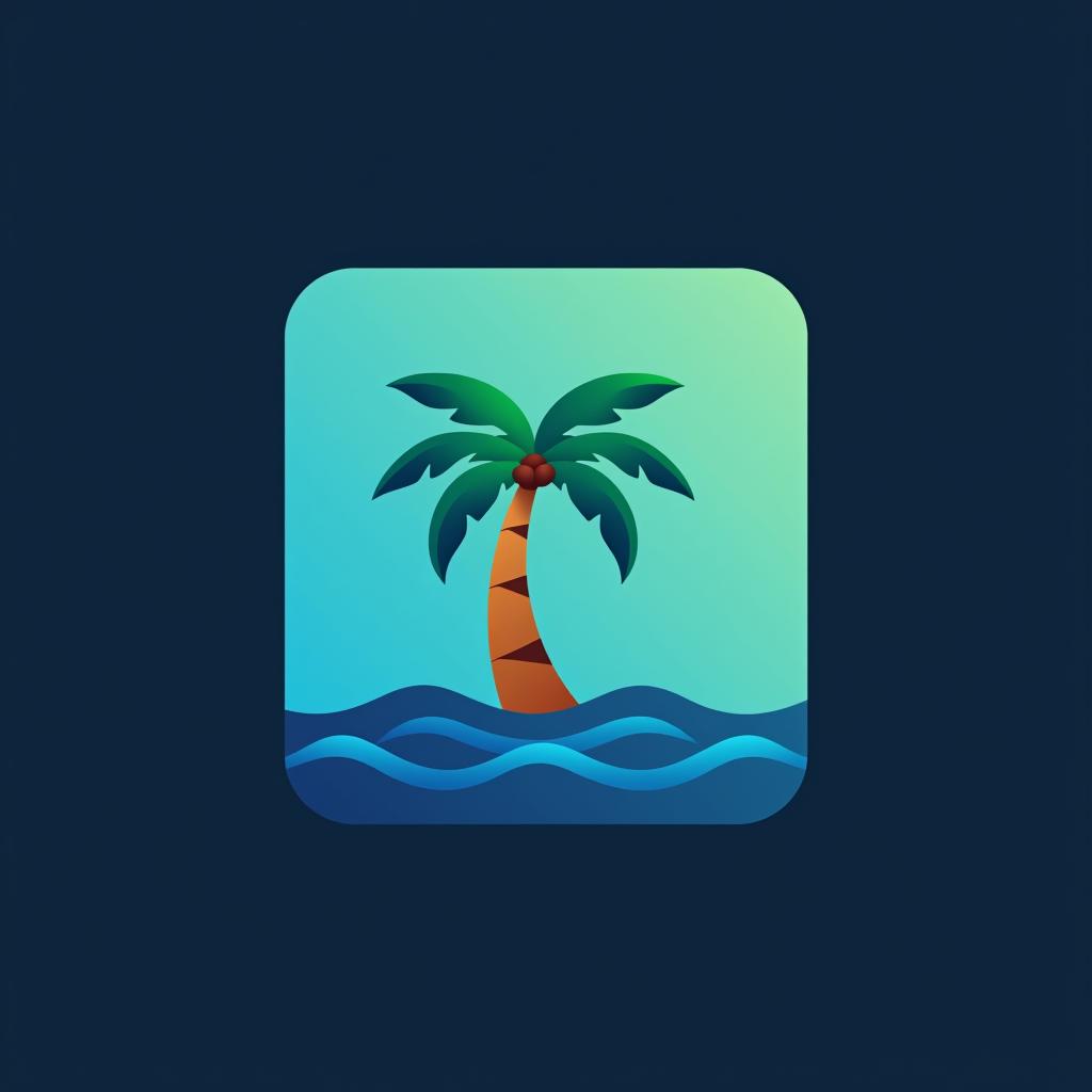  design a logo, rounded edges square mobile app logo design, flat vector, minimalistic, icon of a palm tree in the ocean