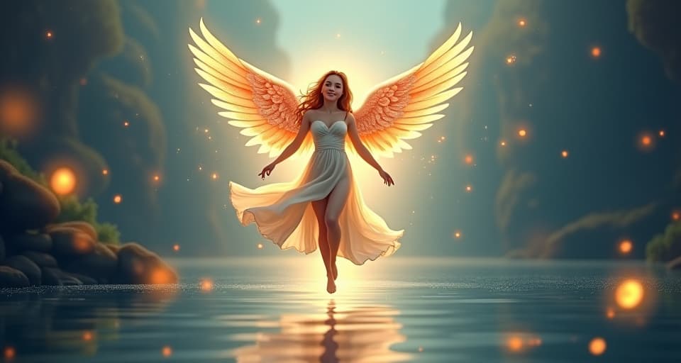  a radiant angel with floral wings, floating above a shimmering lake. the scene depicts connections to infinite possibilities, surrounded by glowing magical elements.. the style is digital art illustration,highly detailed, whimsical,magical, dreamlike atmosphere, realism and fantasy blend, smooth, glossy textures,luminous quality, wonder and enchantment.