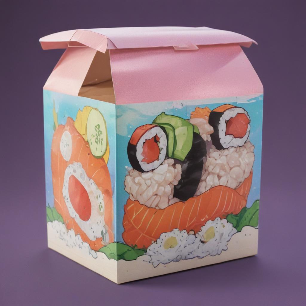 distance-shot, flashy, full-body, dynamic, holographic, animated cartoon poster of a take-out box of sushi in the style of dragon ball super