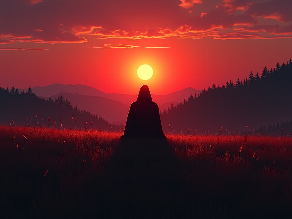  peaceful meadow at sunrise, red robed figure sitting at the center, feeling of belonging and tranquility. the style is digital art illustration / modern comic book / graphic dark novel fantasy and mysterious occult, symbolic, moody lighting, esoteric vibe,high detail on character design. for the color scheme emphasize blacks and reds.