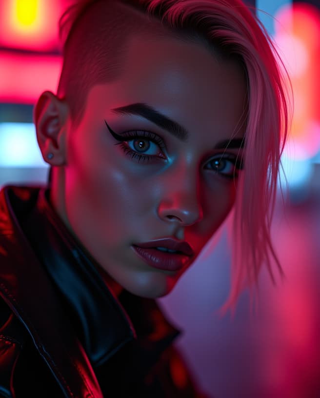  ultra realistic close up portrait ((beautiful pale cyberpunk female with heavy black eyeliner)), blue eyes, shaved side haircut, hyper detail, cinematic lighting, magic neon, dark red city, canon eos r3, nikon, f/1.4, iso 200, 1/160s, 8k, raw, unedited, symmetrical balance, in frame, 8k hyperrealistic, full body, detailed clothing, highly detailed, cinematic lighting, stunningly beautiful, intricate, sharp focus, f/1. 8, 85mm, (centered image composition), (professionally color graded), ((bright soft diffused light)), volumetric fog, trending on instagram, trending on tumblr, HDR 4K, 8K