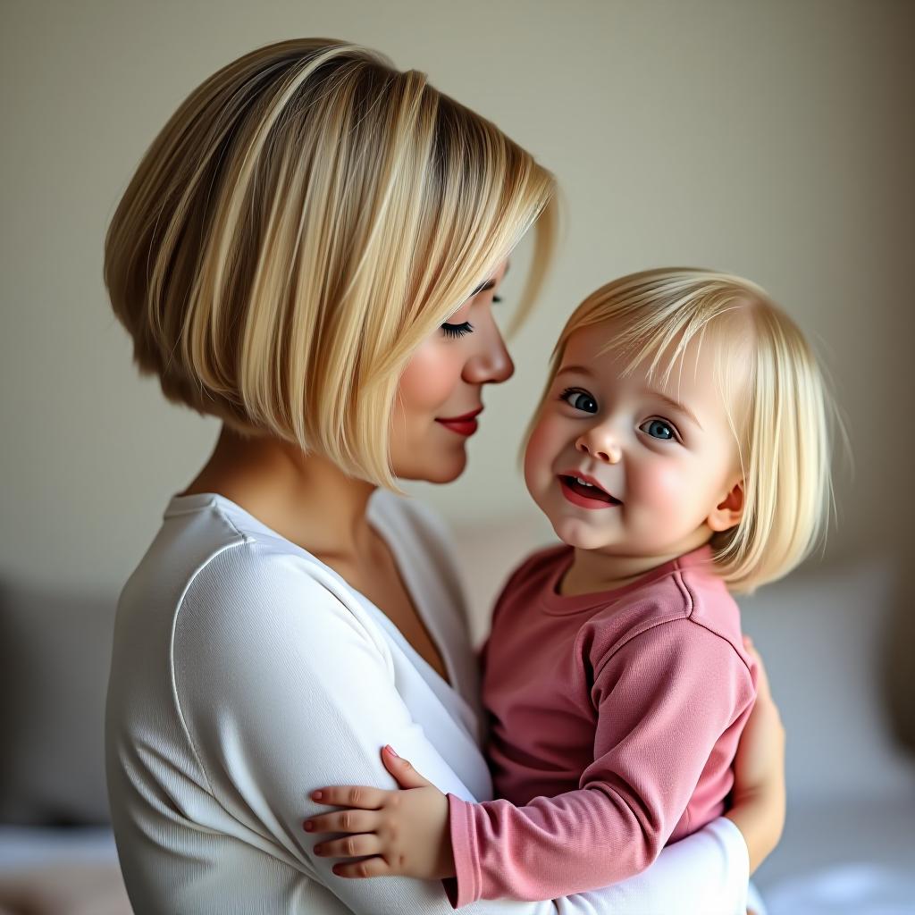  make an image of a short bob blonde white woman being a mother