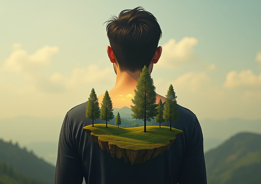  illustration of a human's back with a landscape on it