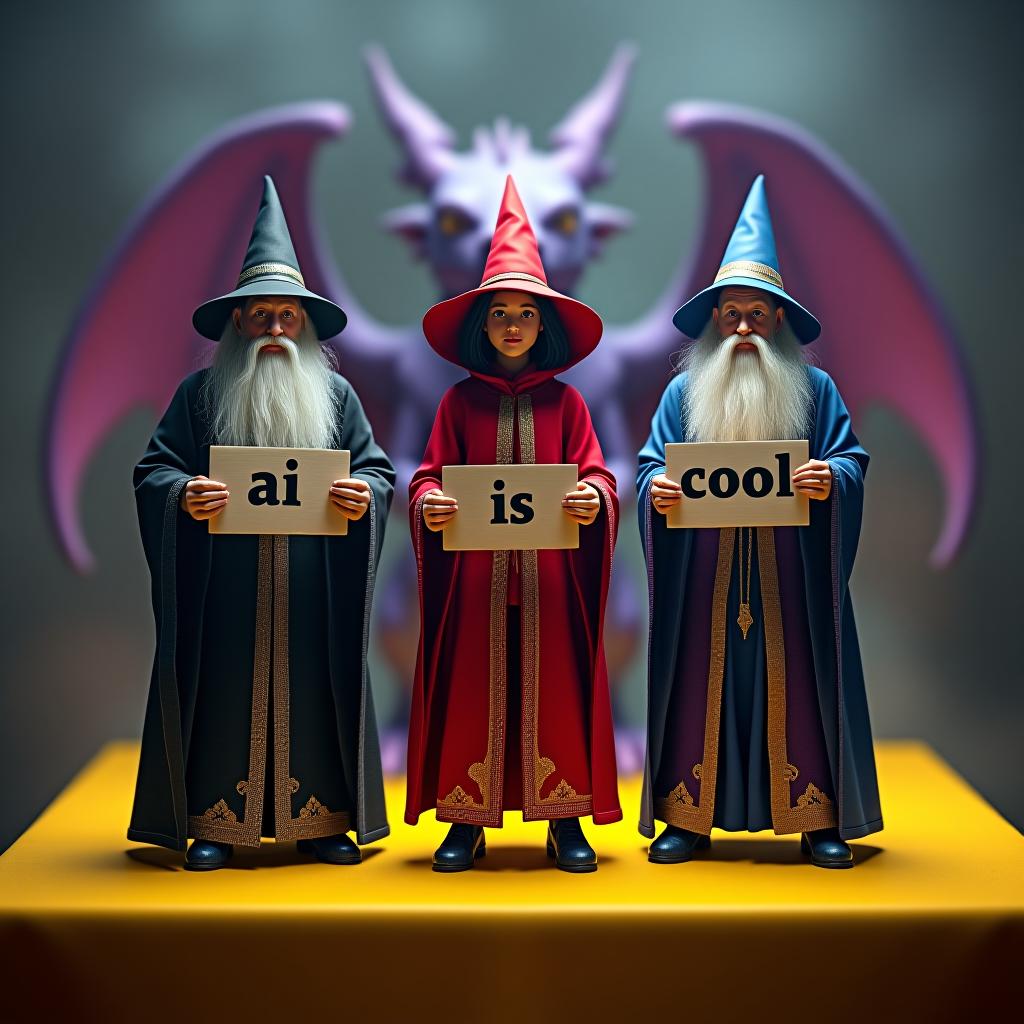  3 magical wizards stand on a yellow table on the left, a wizard in black robes holds a sign that says ‘ai’ in the middle, a witch in red robes holds a sign that says ‘is’ and on the right, a wizard in blue robes holds a sign that says ‘cool’ behind them a purple dragon hyperrealistic, full body, detailed clothing, highly detailed, cinematic lighting, stunningly beautiful, intricate, sharp focus, f/1. 8, 85mm, (centered image composition), (professionally color graded), ((bright soft diffused light)), volumetric fog, trending on instagram, trending on tumblr, HDR 4K, 8K