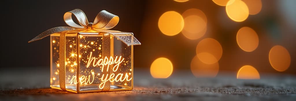  transparent glass christmas gift with glass bow, golden glowing text “happy new year”, festive gold bokeh background ar 3:1 {prompt}, maximum details