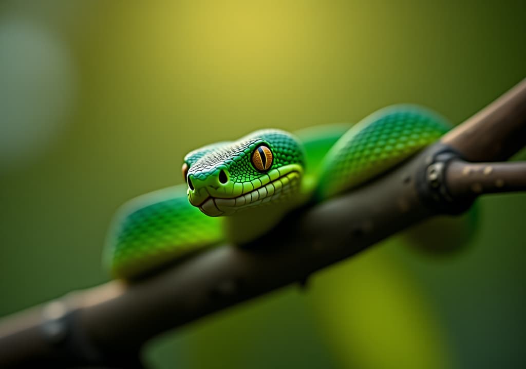  green pit viper on branch with bokeh background