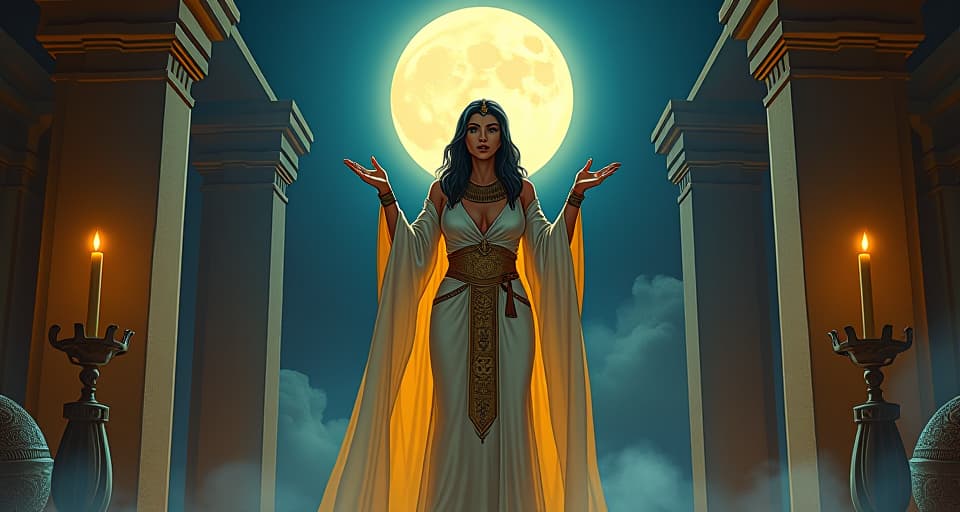  a high priestess, large busted, dressed in shimmering, tight linen, standing at a moonlit altar, hands raised as she channels the rhythms of the universe. the style is digital art illustration / modern comic book / mysterious occult, symbolic, esoteric vibe,high detail on character design, incorporating ancient egyptian symbology and attire.