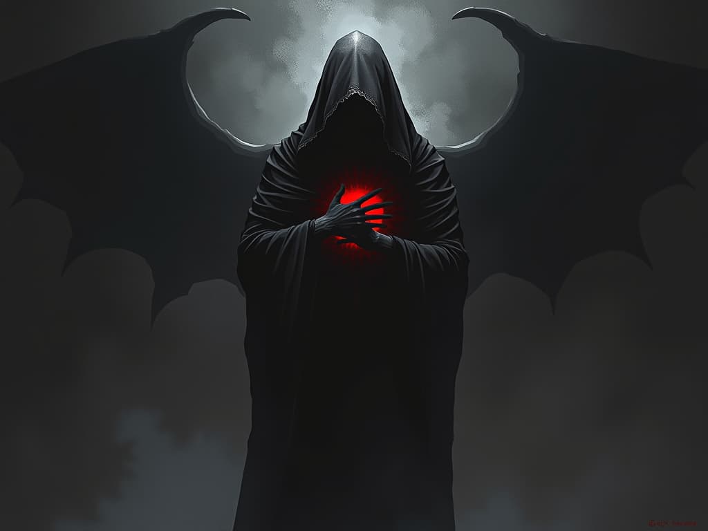  figure facing away, clutching their chest in pain, standing before an ominous, shadowy wall, dark and heavy atmosphere. the style is dark fantasy and mysterious occult, symbolic, moody lighting, esoteric vibe,high detail on character design. for the color scheme emphasize blacks and reds.