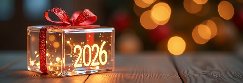  real estate photography style transparent glass christmas gift with glass bow, golden glowing text “2026”, festive golden bokeh background ar 3:2 ar 3:1 . professional, inviting, well lit, high resolution, property focused, commercial, highly detailed