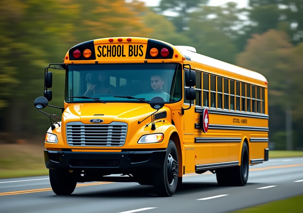  bright yellow school bus on the road, representing safe and reliable transportation for students