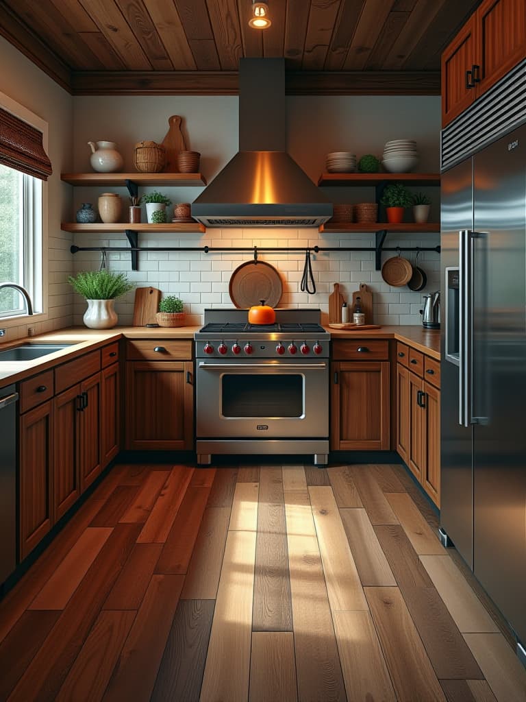  high quality portrait photo of a rustic kitchen setting with reclaimed wood planks as flooring, showcasing varied tones and textures against modern stainless steel appliances hyperrealistic, full body, detailed clothing, highly detailed, cinematic lighting, stunningly beautiful, intricate, sharp focus, f/1. 8, 85mm, (centered image composition), (professionally color graded), ((bright soft diffused light)), volumetric fog, trending on instagram, trending on tumblr, HDR 4K, 8K