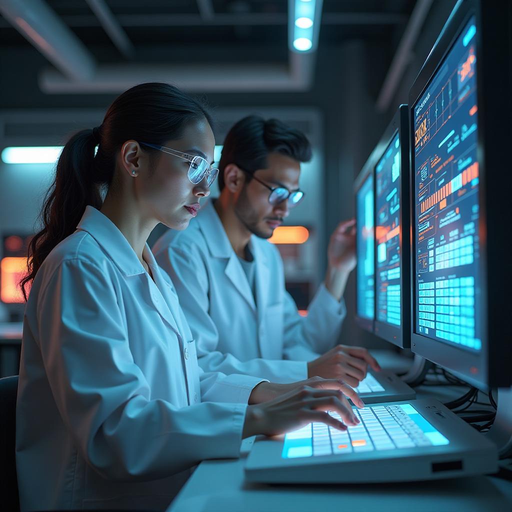  create an image depicting a futuristic laboratory setting where a diverse group of scientists and computer engineers are engaged in researching quantum computing. the room should have sleek, high tech equipment including a quantum computer with blinking lights and intricate wiring. the foreground features a middle aged female scientist of asian descent, wearing safety glasses and a lab coat, focused on a holographic display that showcases complex quantum encryption algorithms. beside her, a young black male engineer is analyzing data on a touchscreen interface, surrounded by colorful visualizations representing encryption keys being encrypted and decrypted in real time. in the background, amidst a high tech but slightly chaotic environmen hyperrealistic, full body, detailed clothing, highly detailed, cinematic lighting, stunningly beautiful, intricate, sharp focus, f/1. 8, 85mm, (centered image composition), (professionally color graded), ((bright soft diffused light)), volumetric fog, trending on instagram, trending on tumblr, HDR 4K, 8K