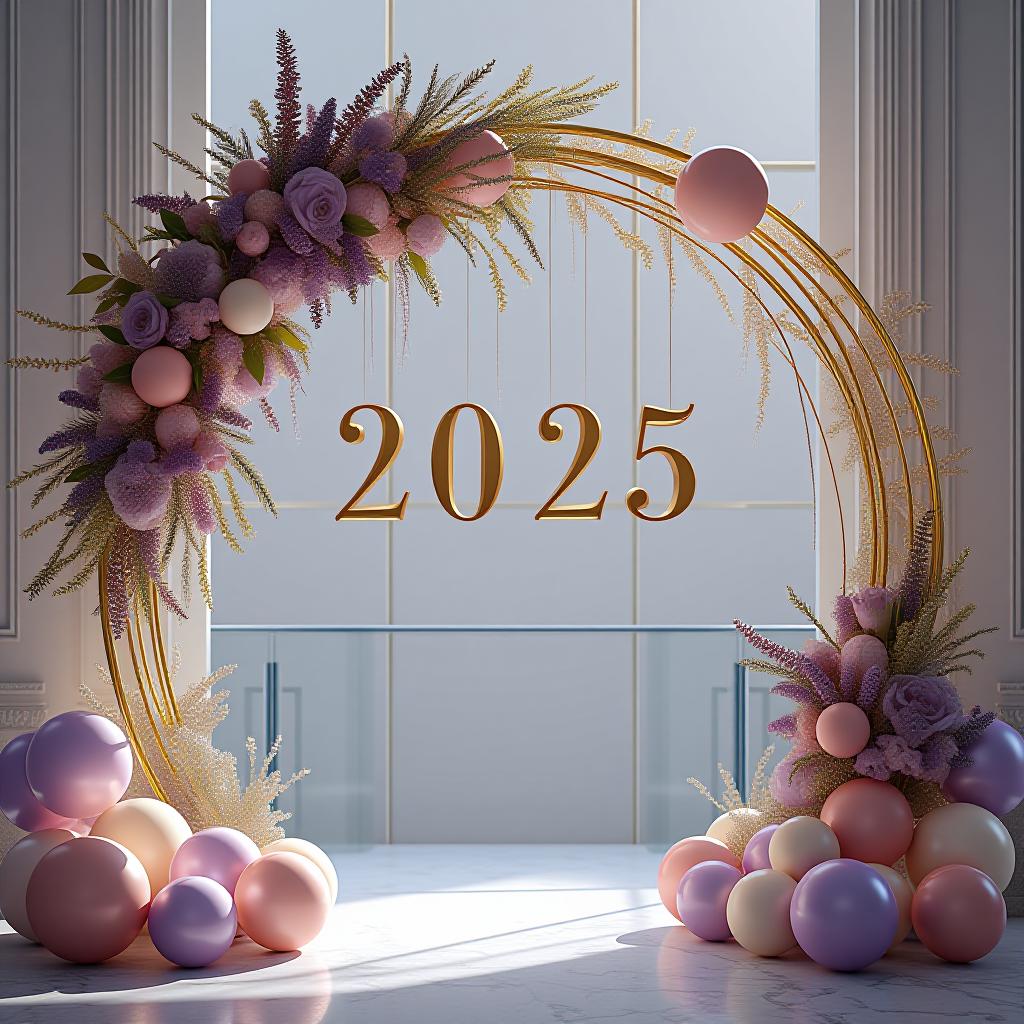  wedding new year's arch 2025 with balls and flowers in light colors with purple flowers. {prompt}, maximum details