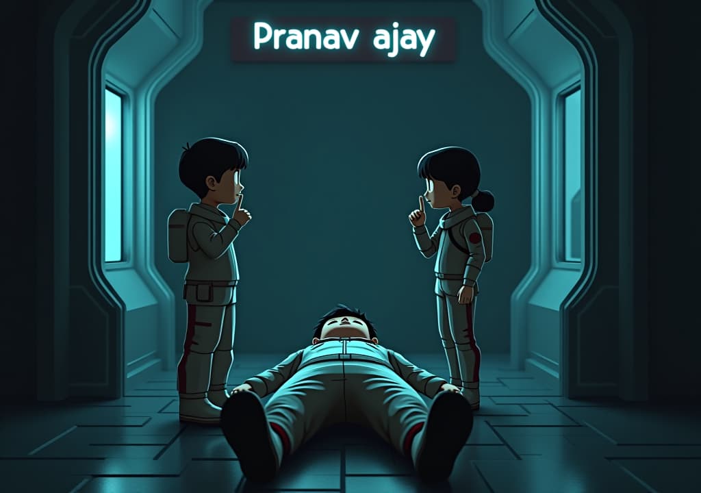  good quality, high quality, among us game in 3d, showing the dead body of 'pranav ajay,' with the name displayed in the game’s font above. a boy character named 'sukuna' is holding a finger to his lips, signaling silence, while a girl character named 'roro' stands close by, both in the typical among us spacesuit style. the scene is set in a dimly lit corridor of the spaceship, with shadows adding a mysterious atmosphere.