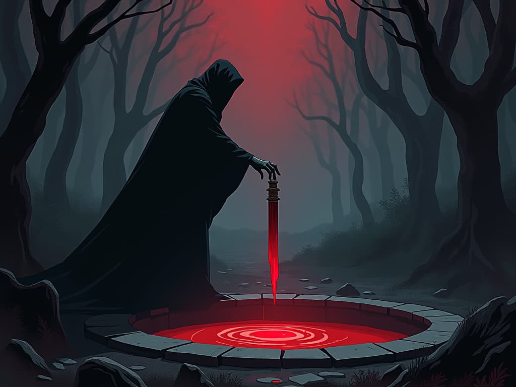  figure discarding a red object into a well, serene surrounding, symbol of letting go. the style is digital art illustration / modern comic book / graphic dark novel fantasy and mysterious occult, symbolic, moody lighting, esoteric vibe,high detail on character design. for the color scheme emphasize blacks and reds.