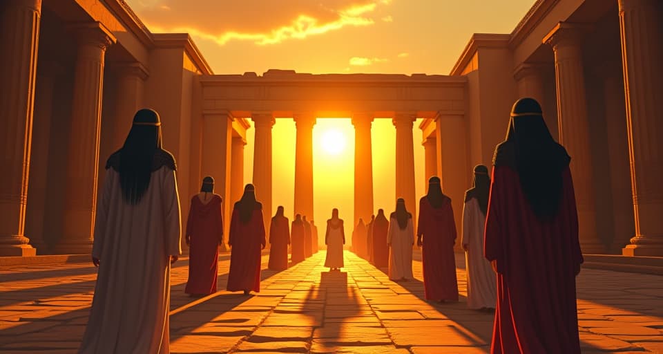  a grand procession of elegantly dressed figures, amidst ruins of an ancient temple, golden rays of dawn breaking through the horizon. the style is digital art illustration / modern comic book / mysterious occult, symbolic, esoteric vibe,high detail on character design, incorporating ancient egyptian symbology and attire.