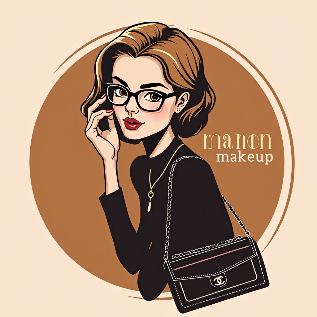  design a logo, a tall light brown haired woman with glasses holding a chanel bag, with the text 'manon makeup '.