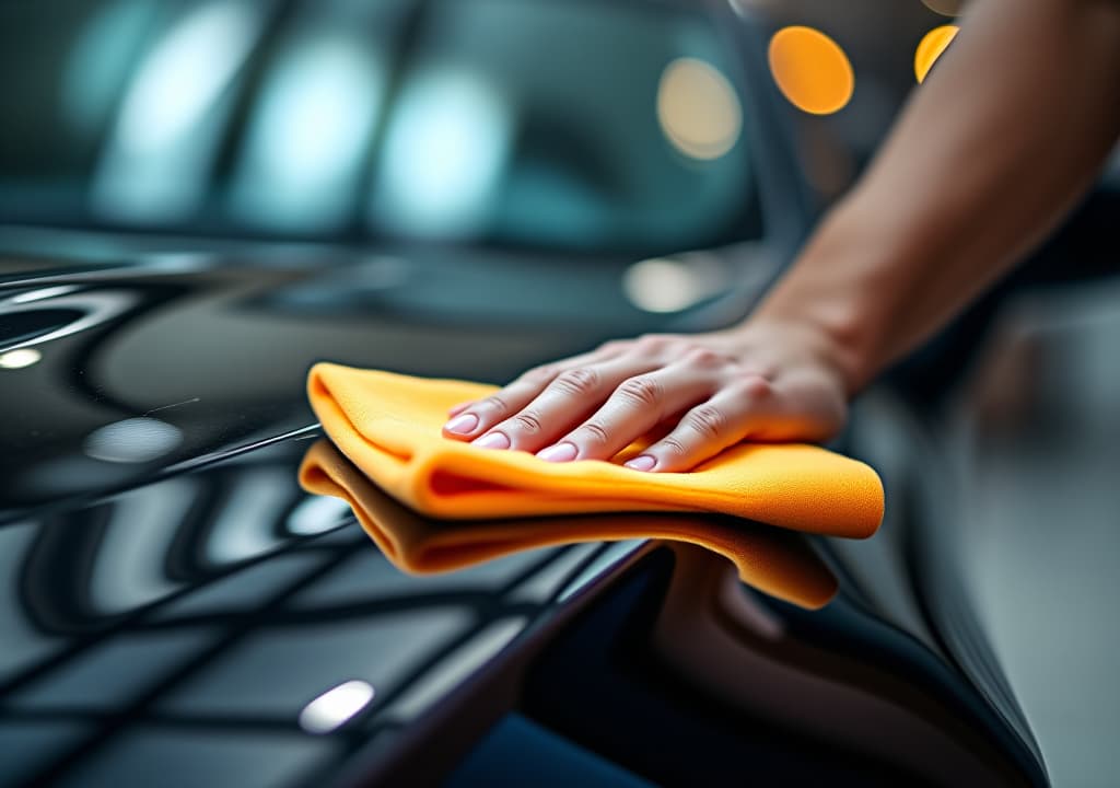  a man cleaning black car with microfiber cloth, car detailing (or valeting) concept. selective focus. 