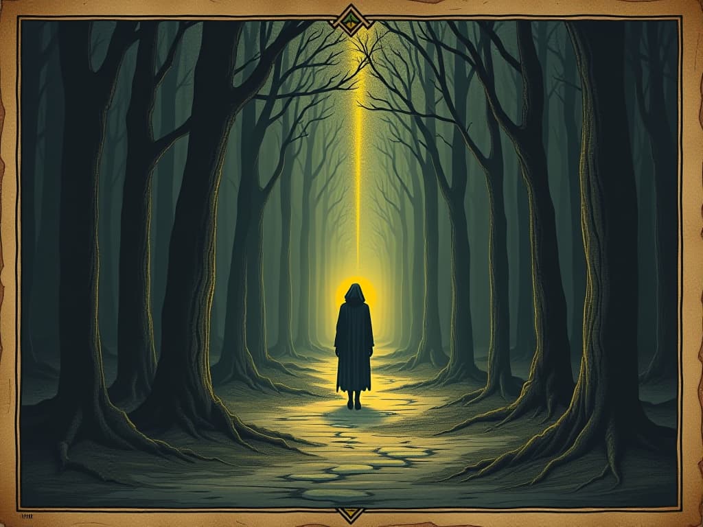  a figure walking a path of light through a dark forest, part of a grander narrative, glowing path, guiding light. an illustration in the style of a worn, mystical old tarot trump card, mysterious and elements of surrealism. the colors are muted, somber and eerie, but with contrast bring out an occult and esoteric vibe.