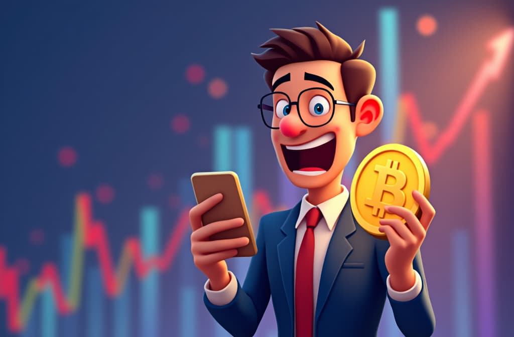  funny 3d cartoon illustration of a happy businessman holding a bitcoin coin while looking at his phone, excited about the market, up growing graphics in background, character to the right, copyspace to the left. ar 3:2 {prompt}, maximum details