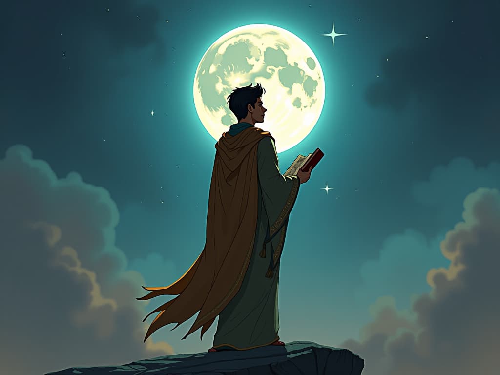  young scribe in modest robes, standing under the full moon, gazing at the sky, book in hand, atmosphere of realization and resolve. the style is digital art illustration / modern comic book / mysterious occult, symbolic, esoteric vibe,high detail on character design, incorporating ancient egyptian symbology and attire.