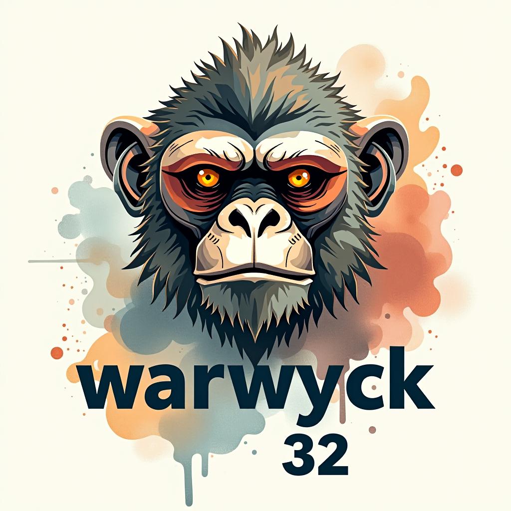  design a logo, in a watercolor style. robotic ape, with the text 'warwyck 32'.