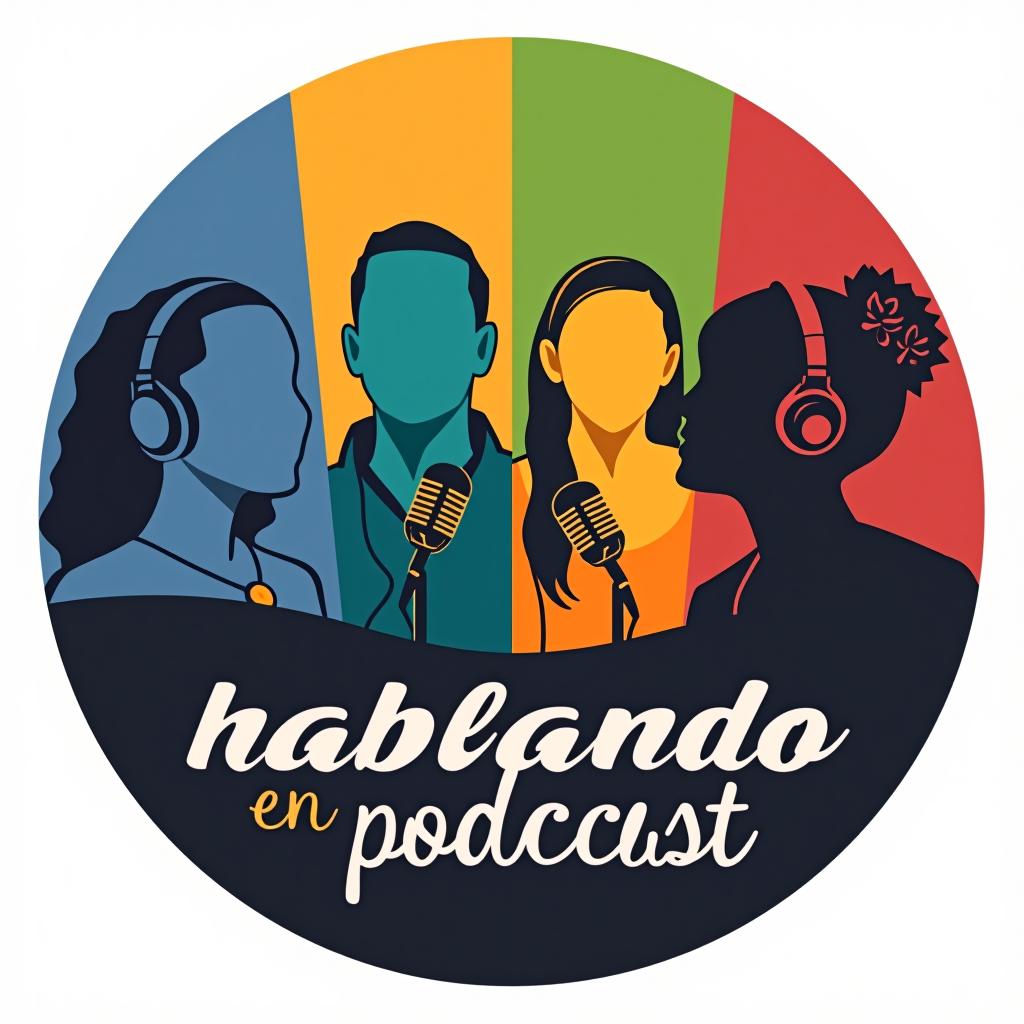  design a logo, multiple colors, four people podcast, with the text 'hablando en cuatro podcast'.