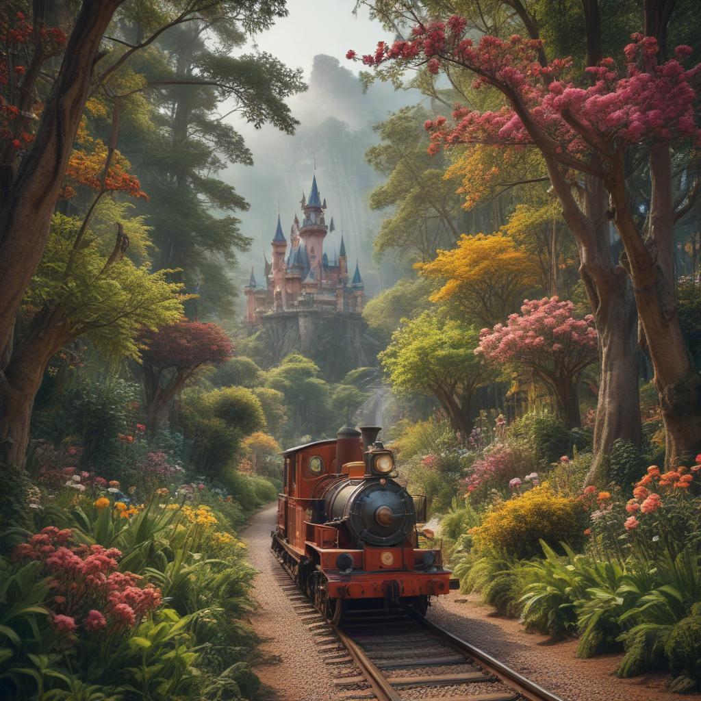 A whimsical image of families enjoying a fairy-tale themed park in Campos do Jordão, with vibrant flower gardens, storybook castle backdrops, and children riding on a miniature train weaving through enchanted forests, capturing the magical atmosphere of the destination.ultra-detailed, 4k hyperrealistic, full body, detailed clothing, highly detailed, cinematic lighting, stunningly beautiful, intricate, sharp focus, f/1. 8, 85mm, (centered image composition), (professionally color graded), ((bright soft diffused light)), volumetric fog, trending on instagram, trending on tumblr, HDR 4K, 8K