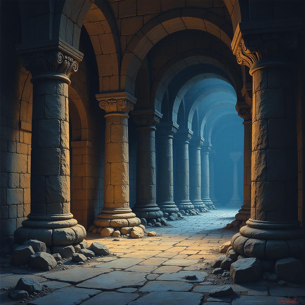  an oil painting in 80's fantasy poster art of a cavernous ancient underground hall with majestic stone columns, dim lighting, and intricate dwarven carvings.