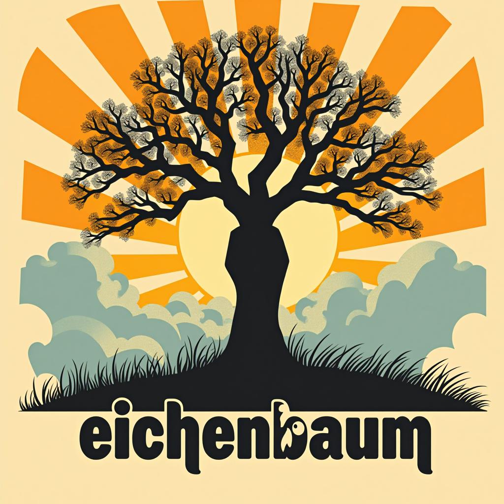  design a logo, in a surrealism style. sportlicher deutscher mann unter einem eichenbaum im sonnenaufgang , with the text 'eichenbaum '.