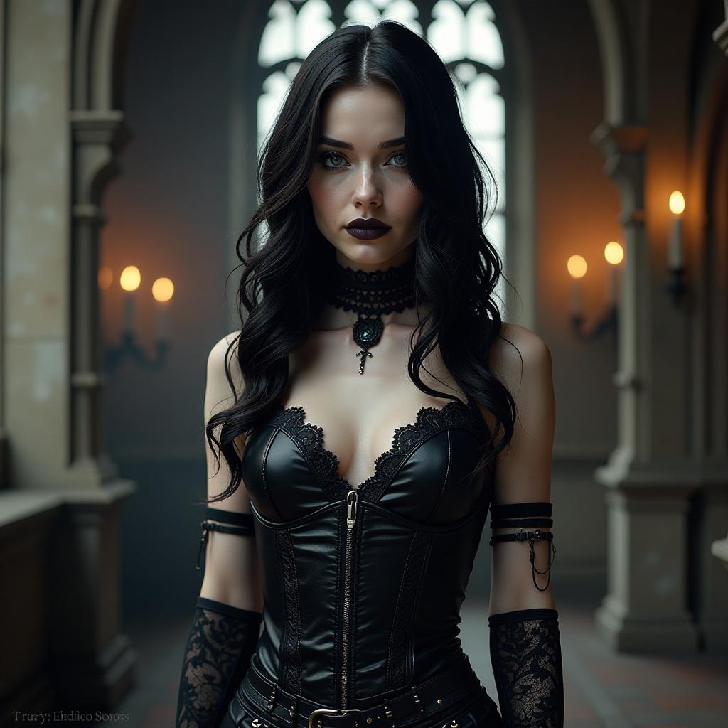  a gothic metal female figure stands confidently in a dimly lit environment, adorned with intricate black lace and leather attire. her hair cascades in dark waves, contrasting with pale skin, and she sports dramatic makeup featuring bold eyeliner and dark lipstick. the background features a haunting, atmospheric setting with ornate gothic architecture and flickering candles, enhancing the hyper realistic, photorealistic style of the scene.