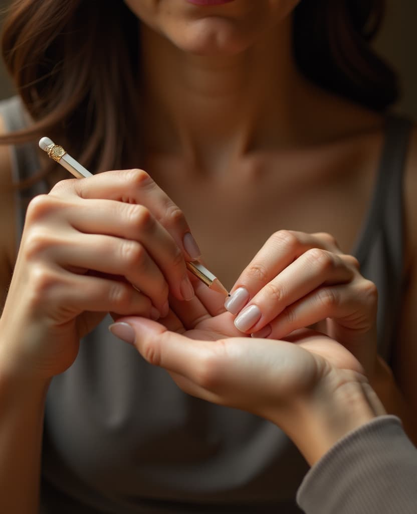  hdr photo of a woman applies a small amount of perfume to her wrist, hands, small pencil, application, close up . high dynamic range, vivid, rich details, clear shadows and highlights, realistic, intense, enhanced contrast, highly detailed