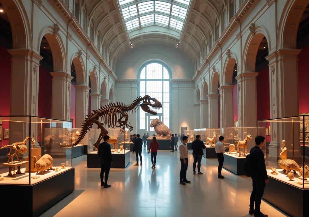  a vibrant scene inside the royal ontario museum, showcasing a diverse array of artifacts from different cultures and eras, with visitors engaging in conversation, examining exhibits, and a large dinosaur skeleton as a centerpiece, all set against the museum's stunning architectural backdrop. hyperrealistic, full body, detailed clothing, highly detailed, cinematic lighting, stunningly beautiful, intricate, sharp focus, f/1. 8, 85mm, (centered image composition), (professionally color graded), ((bright soft diffused light)), volumetric fog, trending on instagram, trending on tumblr, HDR 4K, 8K