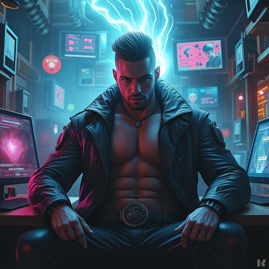  portrait, a mystical scene of an cyberpunk man, large busted and in form fitting attire, absorbing the energy of the cyber cafe. the style is digital art illustration / modern comic book / mysterious occult, symbolic, esoteric vibe,high detail on character design, incorporating futuristic cyberpunk attire. hyperrealistic, full body, detailed clothing, highly detailed, cinematic lighting, stunningly beautiful, intricate, sharp focus, f/1. 8, 85mm, (centered image composition), (professionally color graded), ((bright soft diffused light)), volumetric fog, trending on instagram, trending on tumblr, HDR 4K, 8K